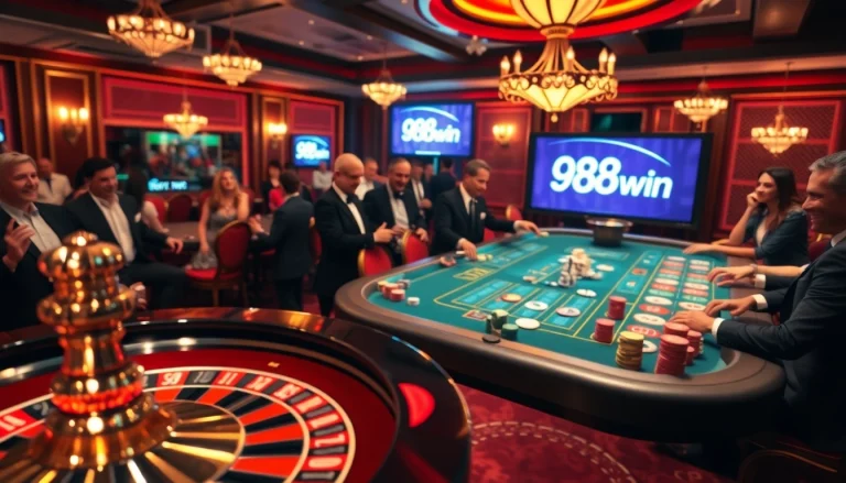 Players celebrating a big win at the 98win casino, with vibrant roulette and poker tables.