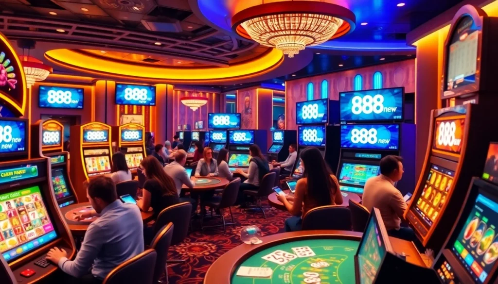 Players enjoying the thrilling experience of 888 new online slots and poker games in a vibrant virtual casino setting.